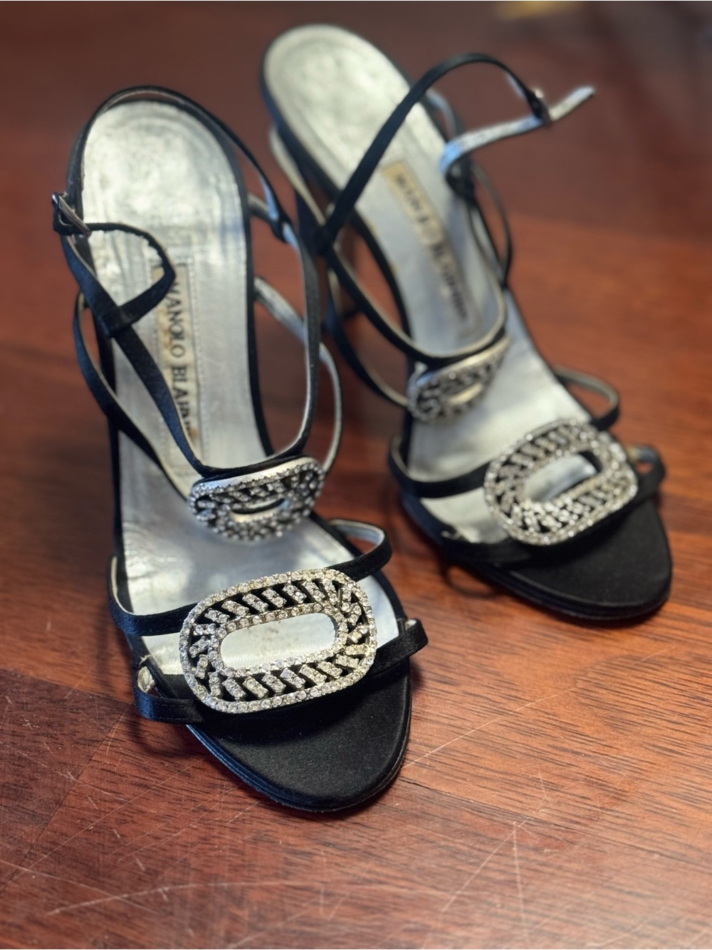 Manolo Blahnik Black Crystal-Embellished Strappy Heels